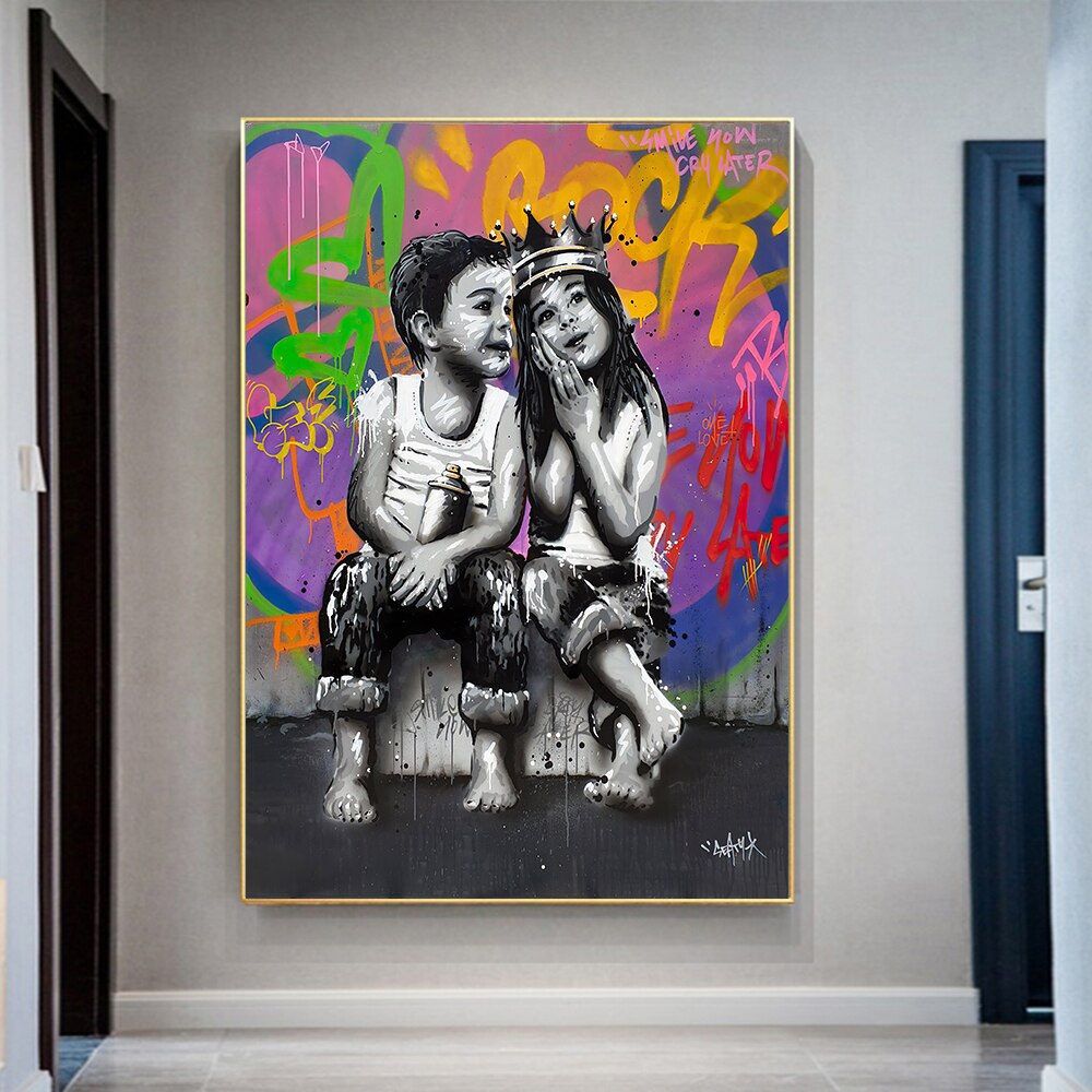 Banksy Graffiti Art Love Boy and Girl Canvas Wall Art