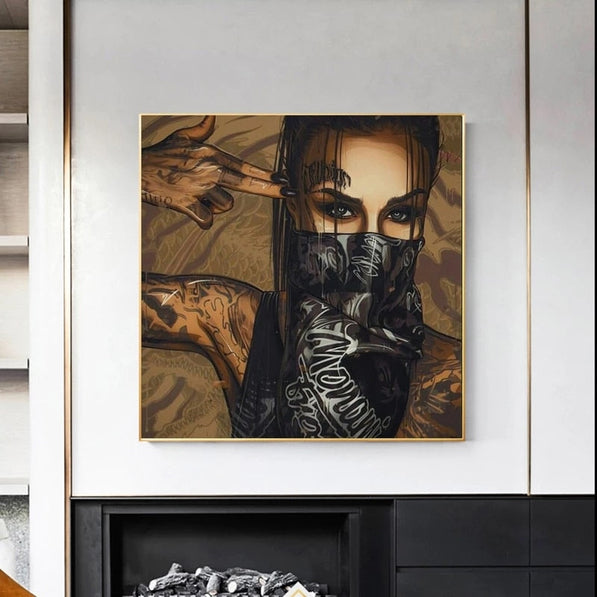 Modern Black Girl with Tattoo Canvas Wall Art