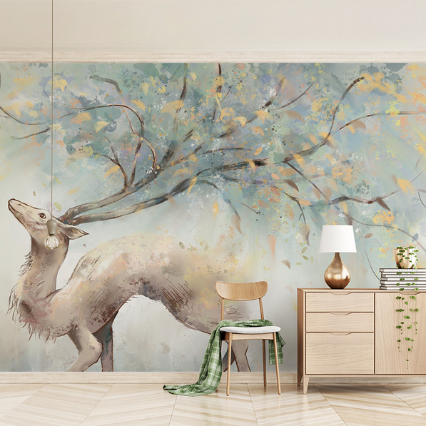 Winter Reindeer Tree Trunks Wallpaper Mural