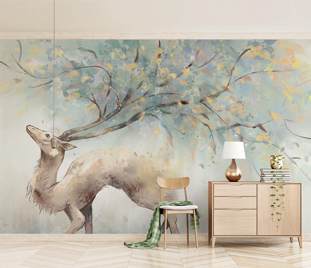 Winter Reindeer Tree Trunks Wallpaper Mural