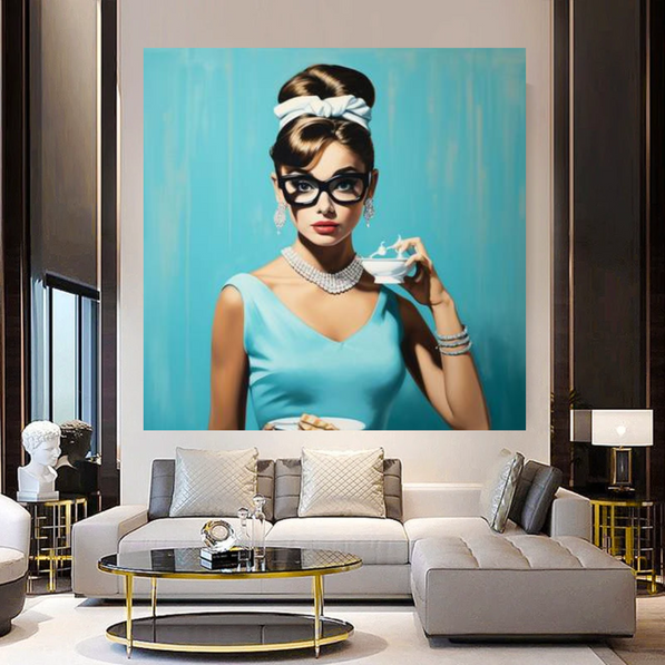 a living room with a painting of a woman drinking a cup of coffee