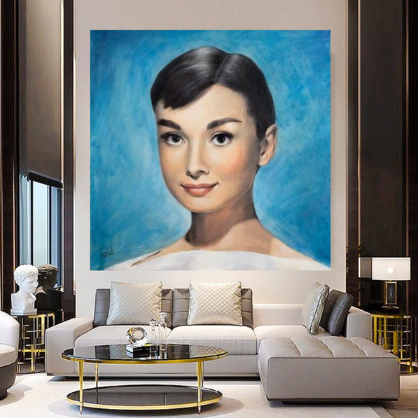 a living room with a painting of a woman on the wall